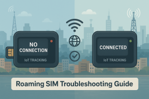 "Split screen comparison of IoT tracking device showing roaming SIM activation failure on left versus successful multinetwork connectivity on right with diagnostic symbols and troubleshooting indicators for Nigerian business deployments