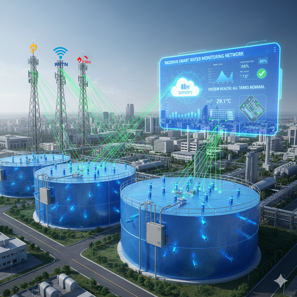 IoT smart water tank monitoring deployment showing sensors and universal SIM connectivity across Nigerian facility