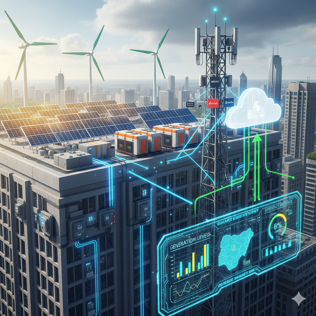 Smart energy systems Nigeria showing renewable generation IoT monitoring connectivity