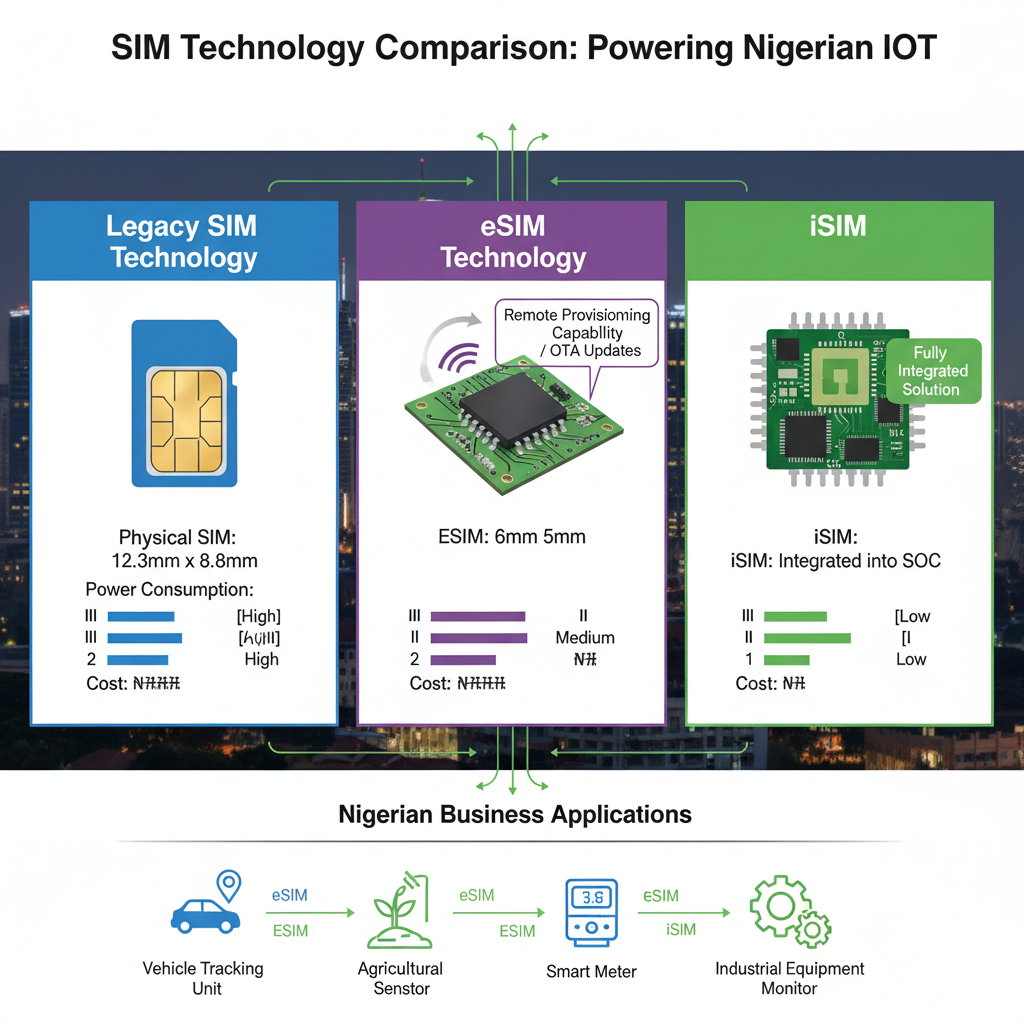eSIM vs iSIM vs Soft SIM Nigeria showing technology differences for IoT applications