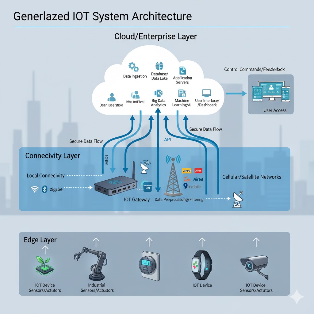 Software architecture for IoT systems Nigeria showing universal SIM connectivity layer
